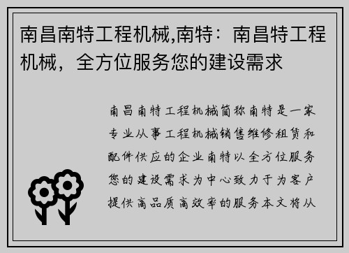 南昌南特工程机械,南特：南昌特工程机械，全方位服务您的建设需求