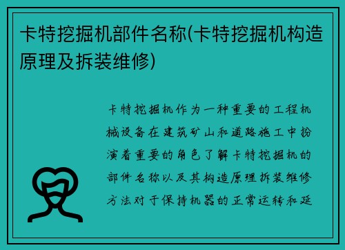 卡特挖掘机部件名称(卡特挖掘机构造原理及拆装维修)